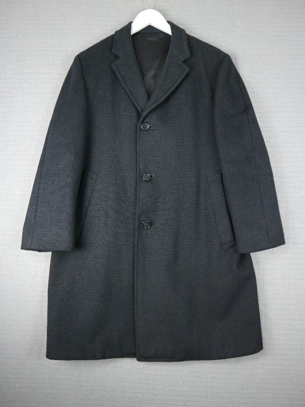 Single Breasted 3 Button Wool Coat Mens Dark Charcoal Black Large - XL Vintage